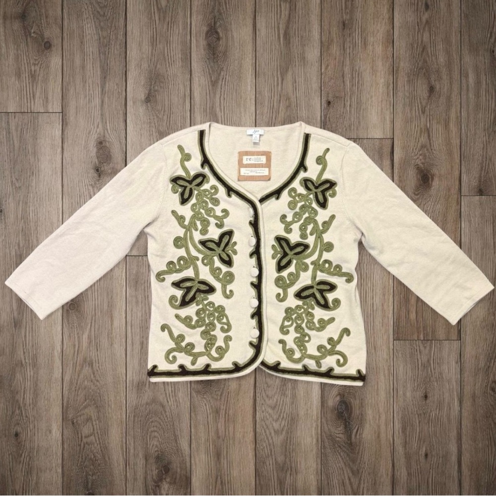 Embroidered‎ J.Jill Cream Cardigan with Green Accents